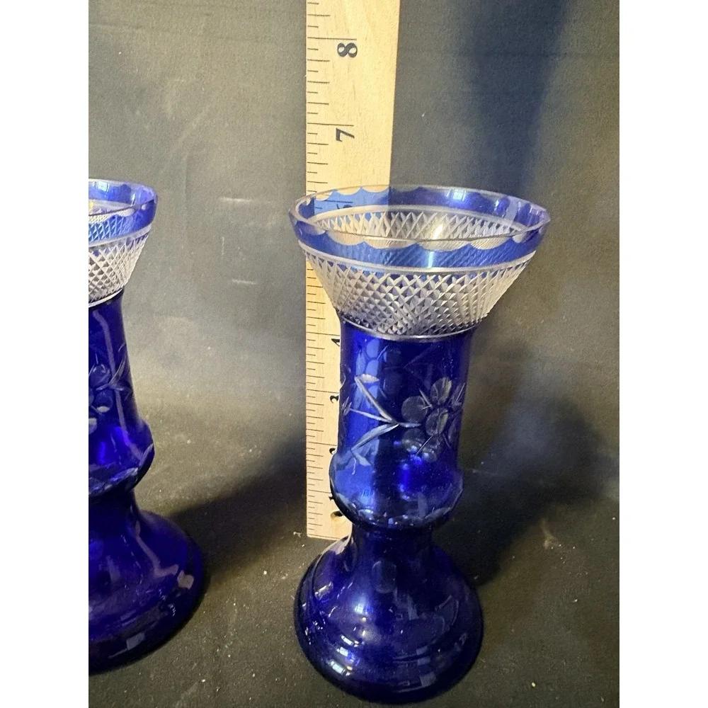Pair Vintage Bohemian Cobalt Blue Cut Crystal Bud Vases Floral Engraved 7.25